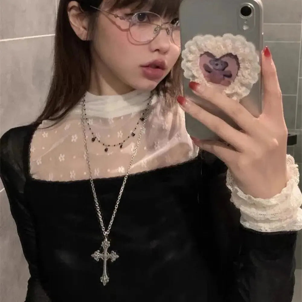 Black Rhinestone Cross Jesus Pendant Choker Necklace