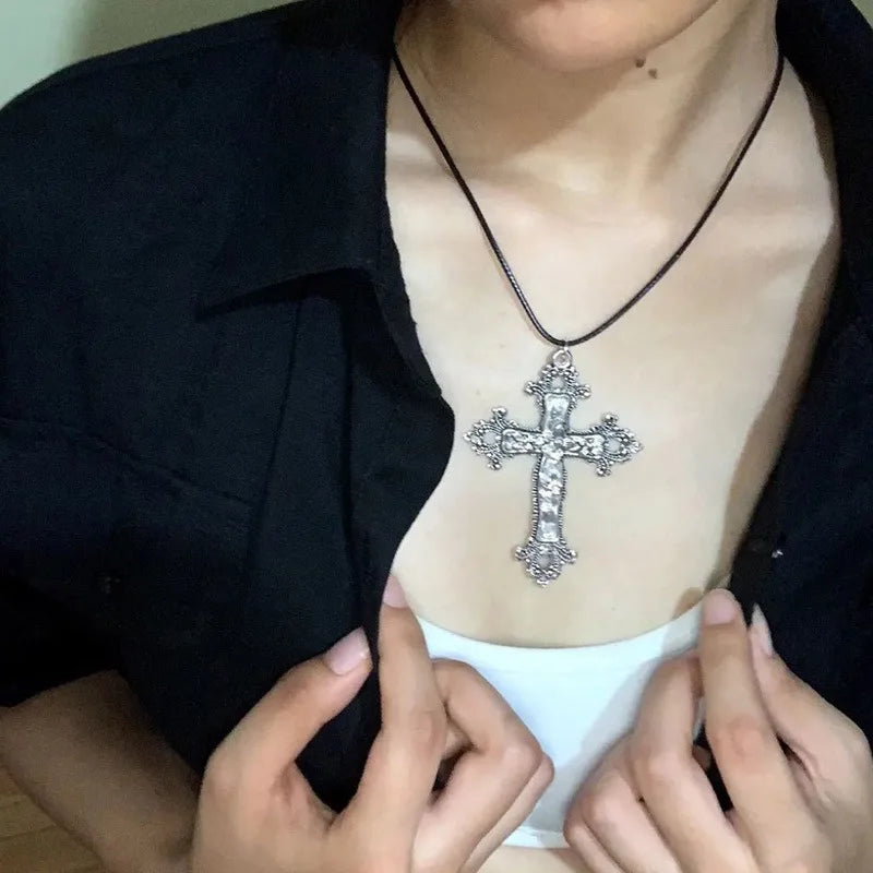 Black Rhinestone Cross Jesus Pendant Choker Necklace