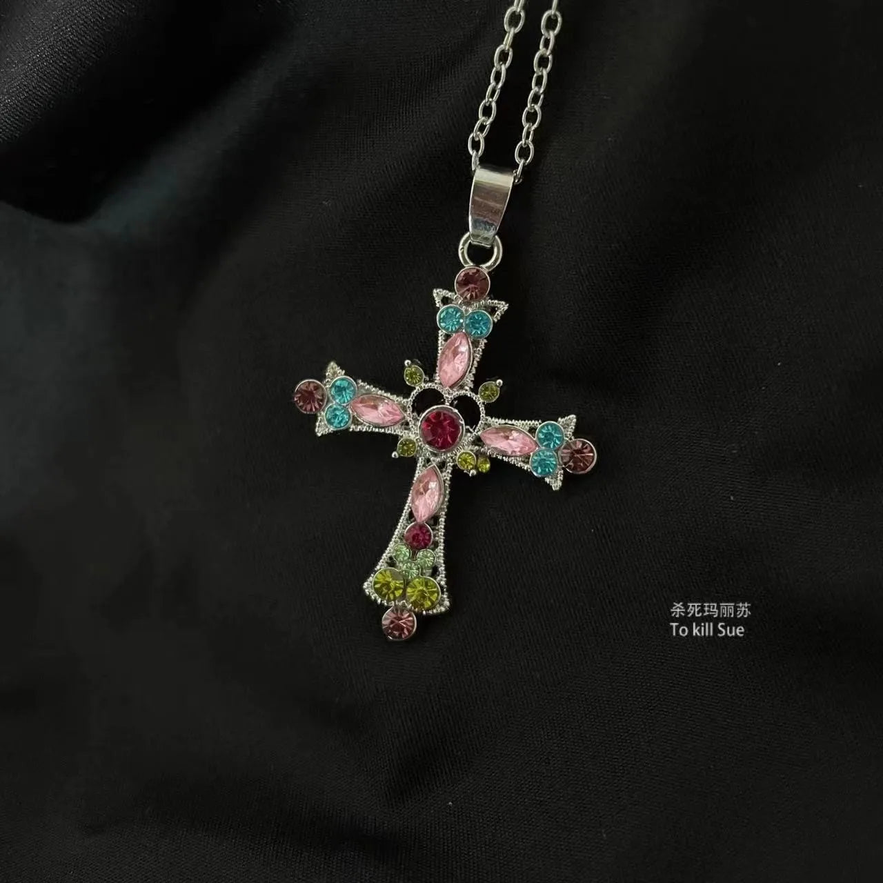 Black Rhinestone Cross Jesus Pendant Choker Necklace