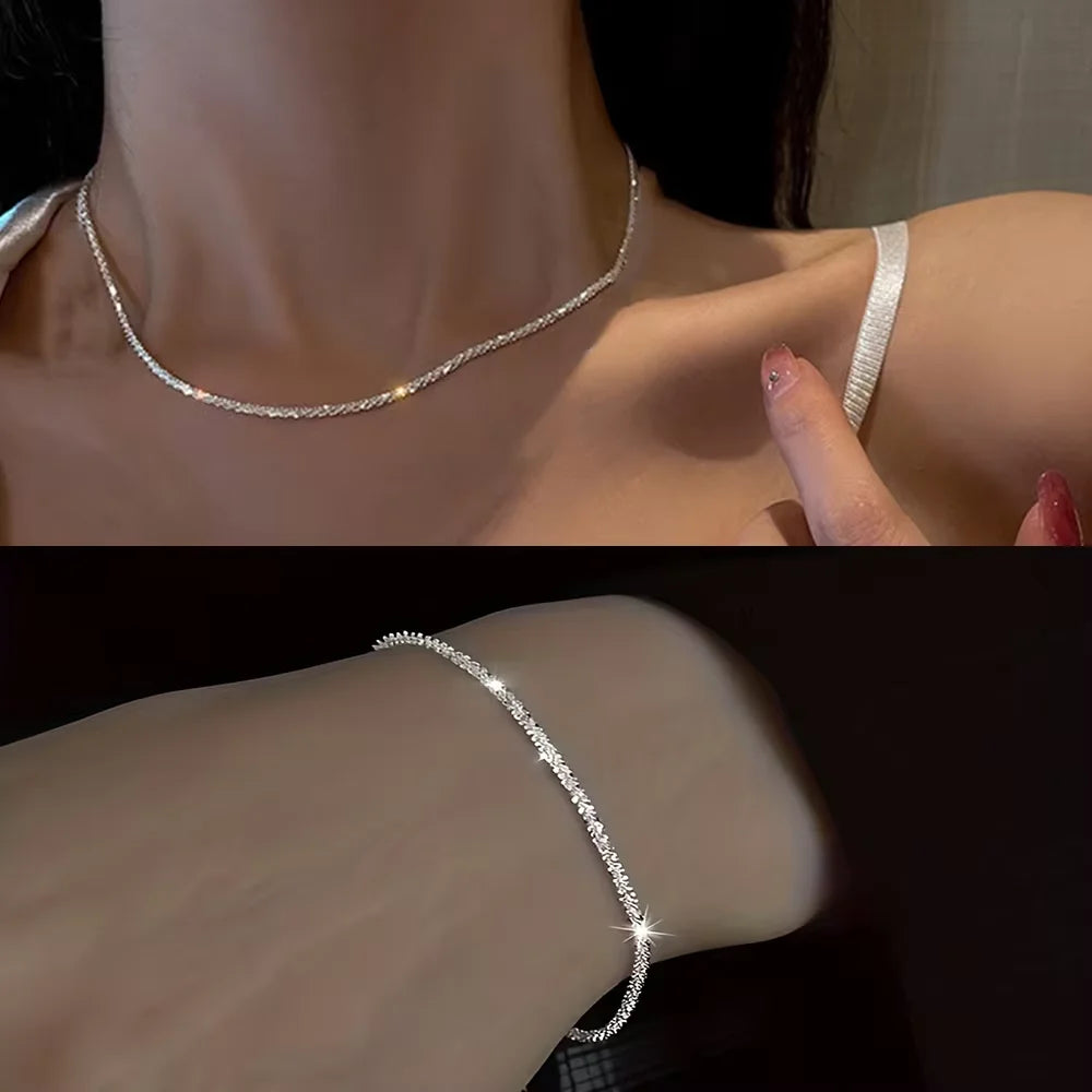 Set of Shiny Silver Plated Collarbone Chain Necklace Bracelet