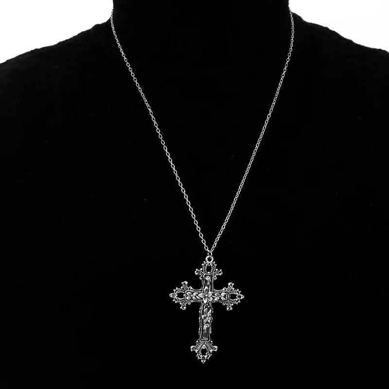 Black Rhinestone Cross Jesus Pendant Choker Necklace